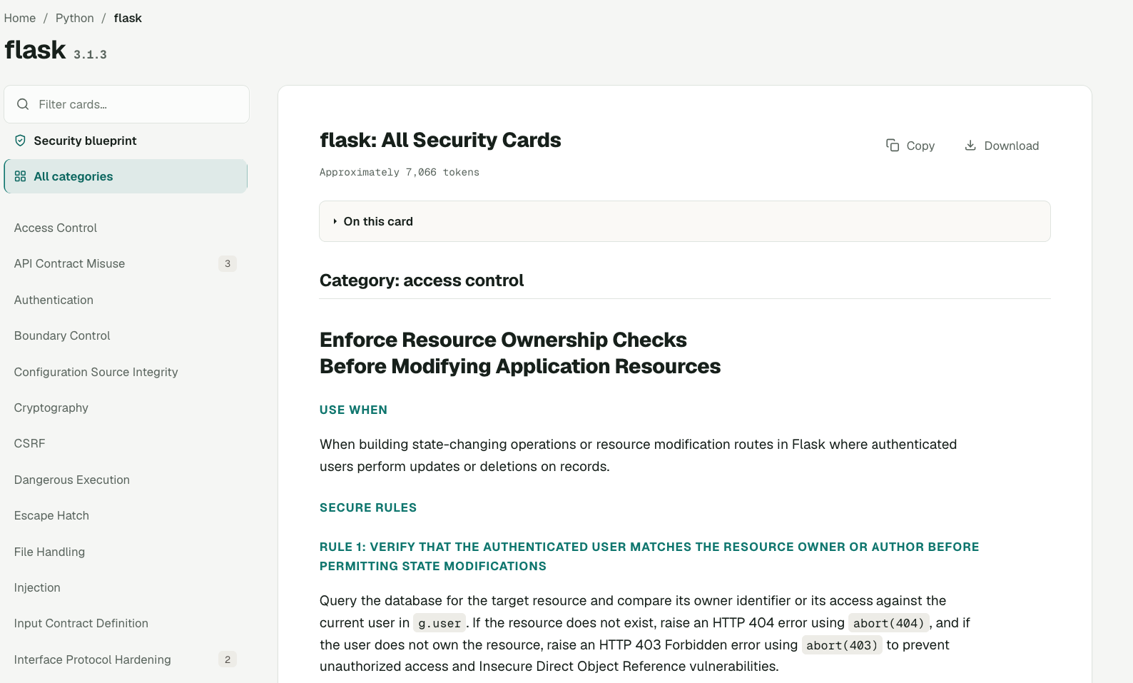 Figure 2. Security cards available for Flask, organized by categories.